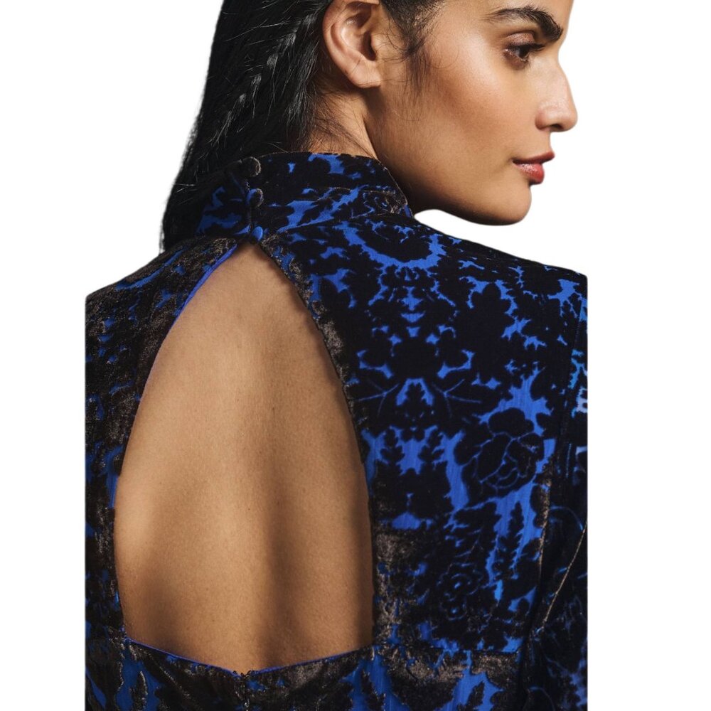 Anthropologie Velvet Rose Floral Mini Dress Mock A-Line Botton Flare Open Back - Picture 5 of 13
